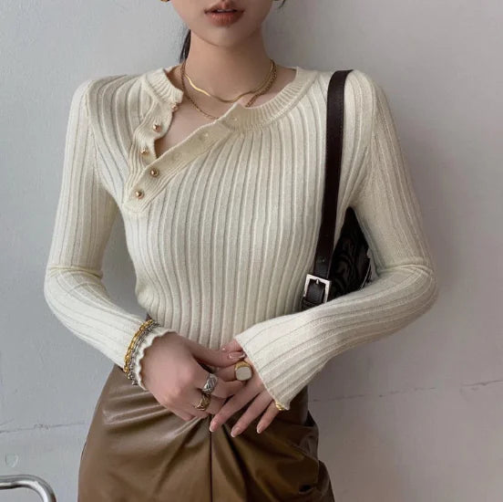 Knit Turtleneck Button-Up Top with Shoulder Cutouts