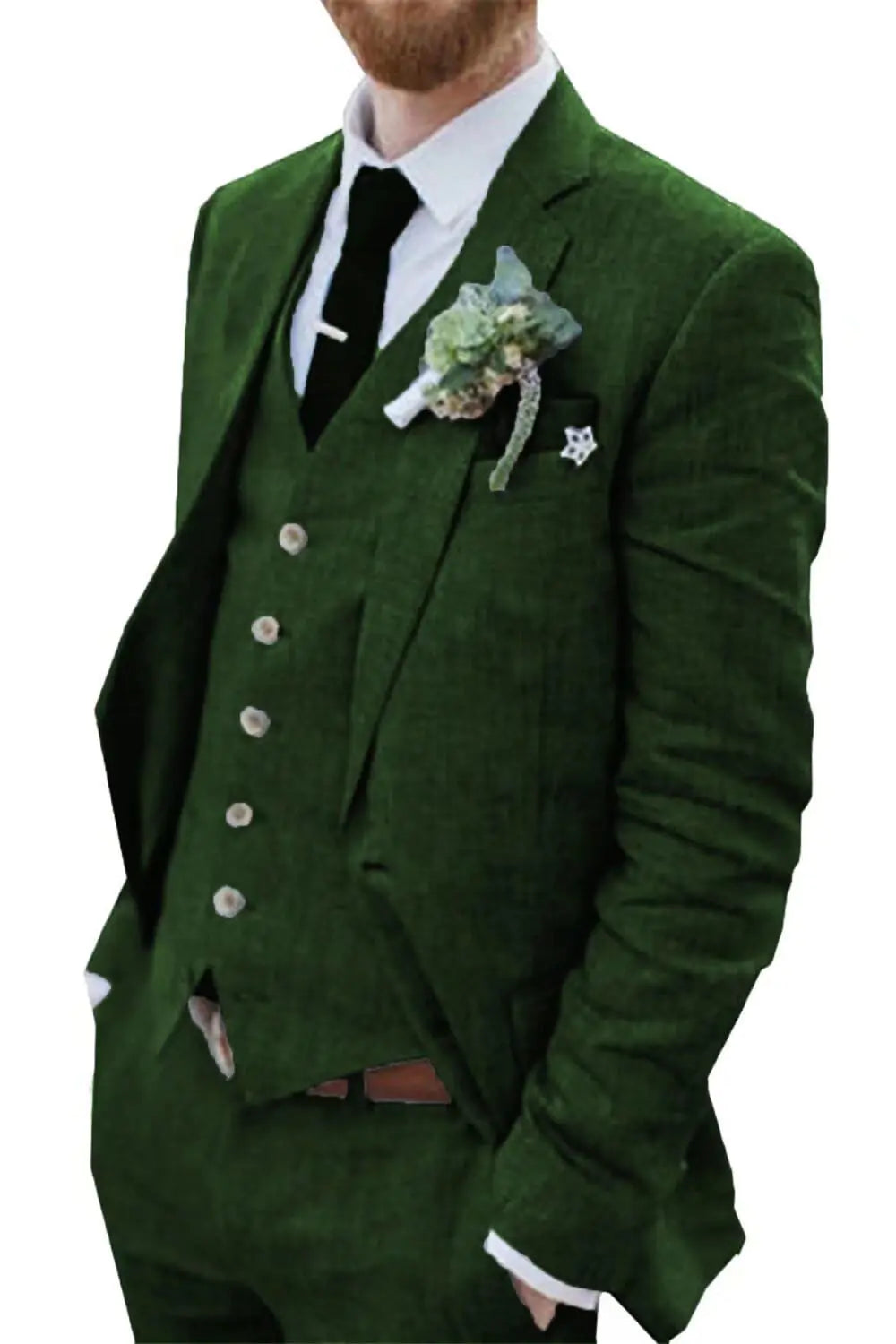 Wehilion Linen Suits for Men Dark Green 3 Pieces Summer Thin Homecoming Men Suit Jacket Vest Pants Prom Dress Suit dg-XL