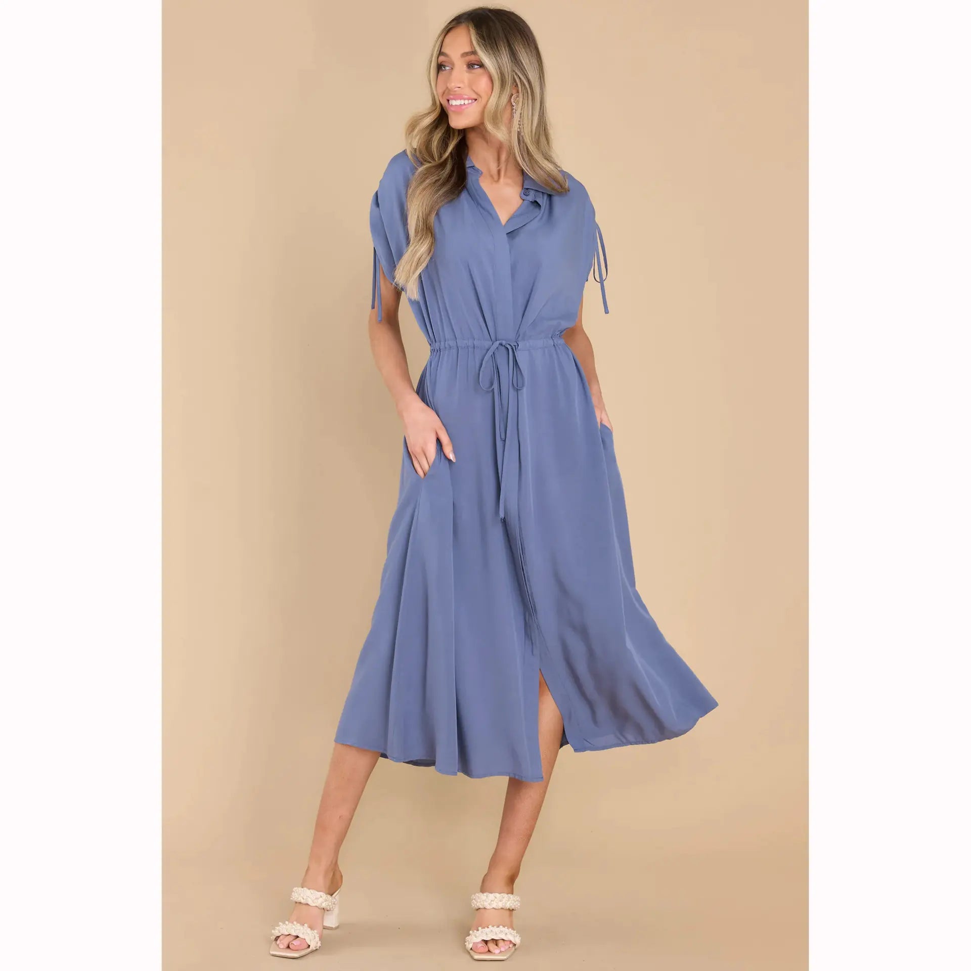 Summer Waist-Defined Button-Up Dress with Drawstring