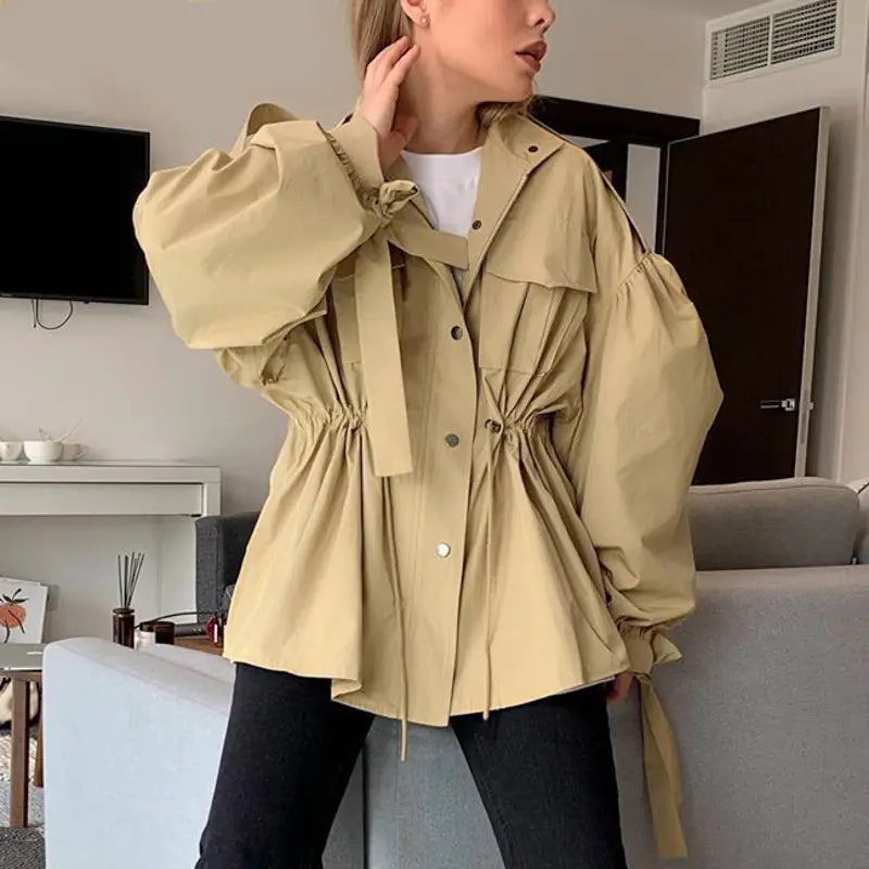 Trendy Women's Button-Up Casual Jacket in Camel Color