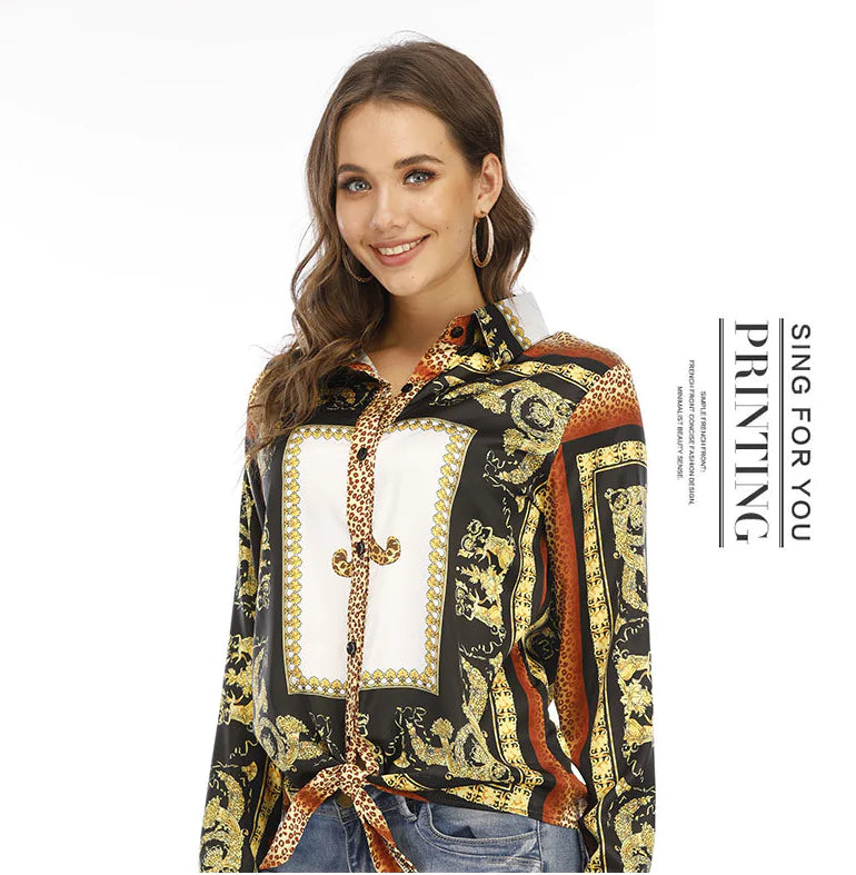 Elegant Loose Button-Up Shirt with Leopard Print