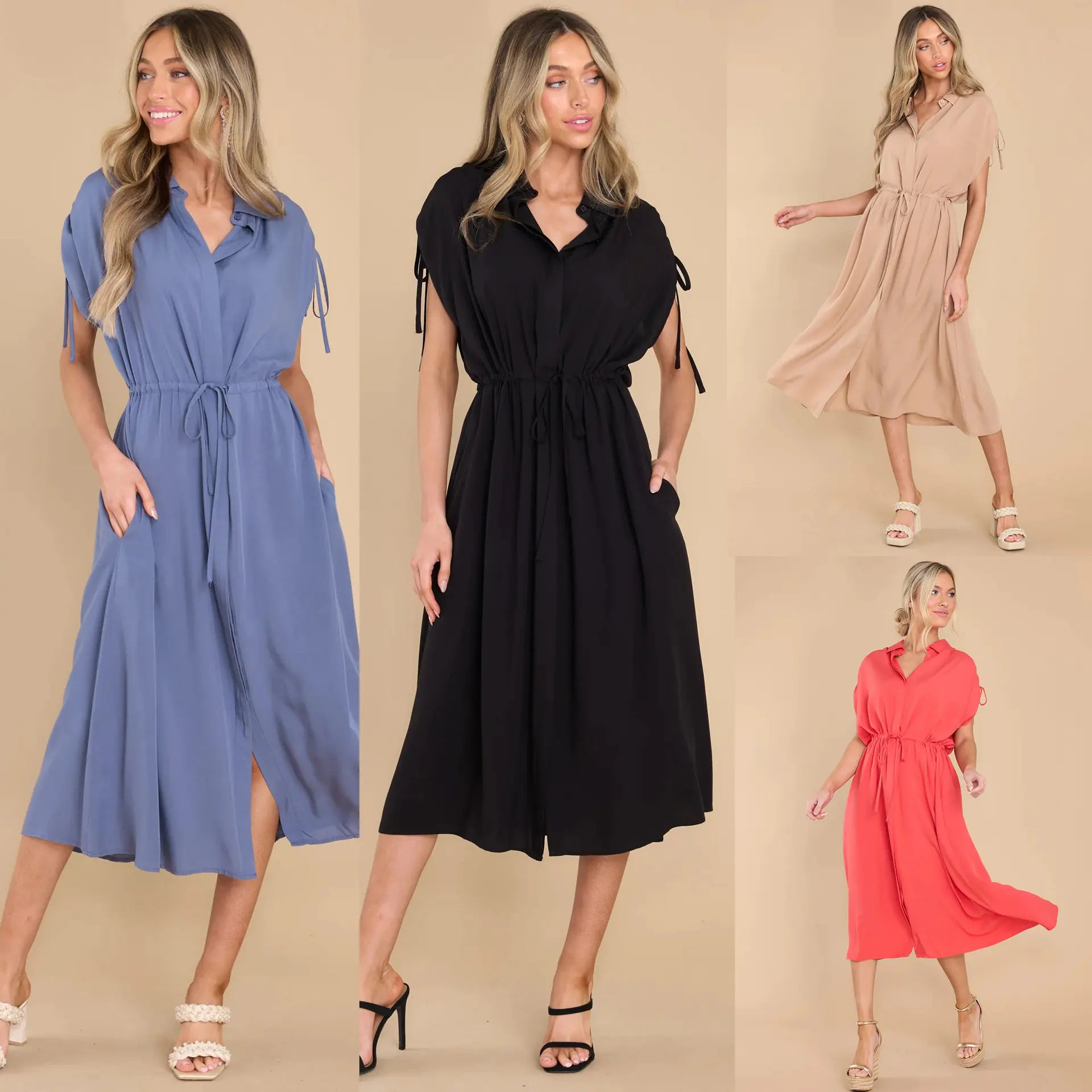 Summer Waist-Defined Button-Up Dress with Drawstring