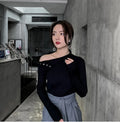 Knit Turtleneck Button-Up Top with Shoulder Cutouts
