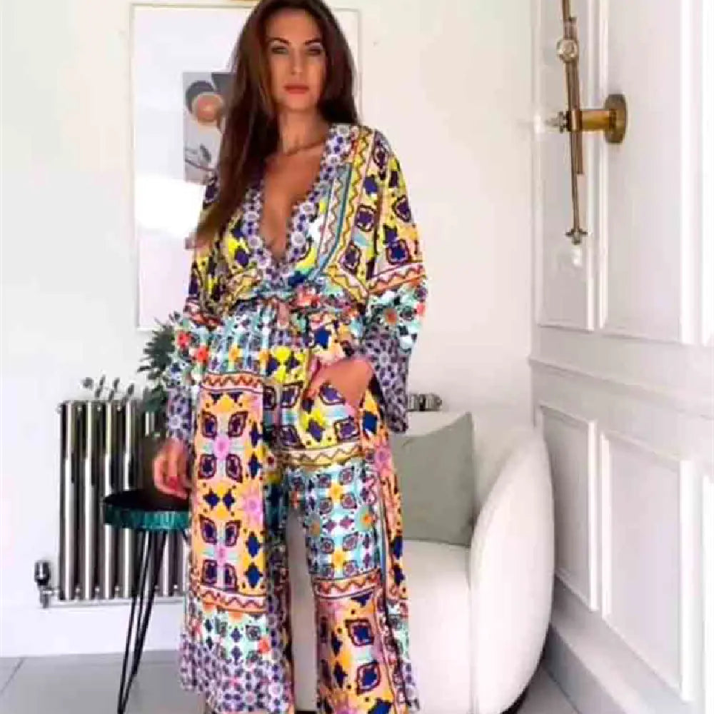 Printed Long Dress with Belt for Women