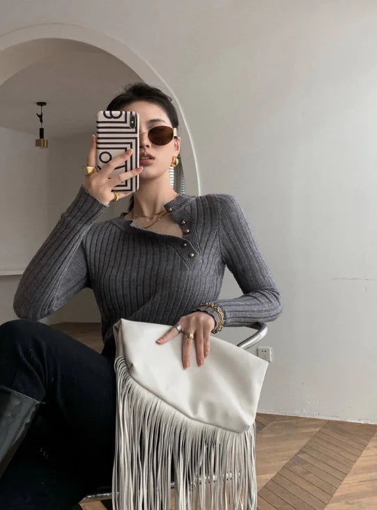 Knit Turtleneck Button-Up Top with Shoulder Cutouts
