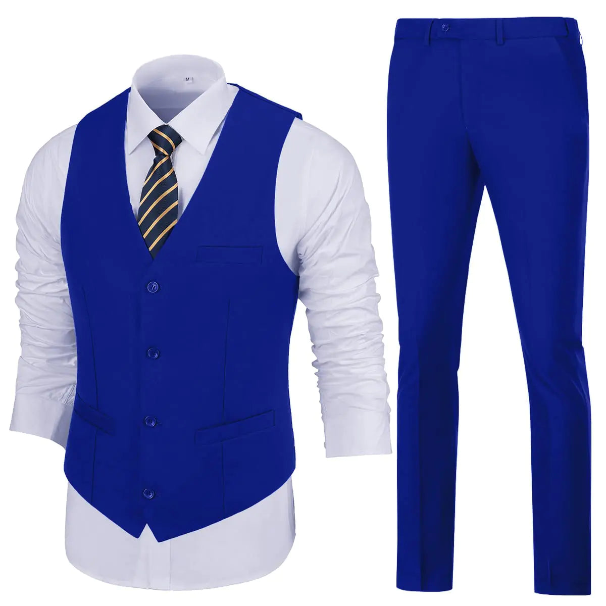 Mens Suit Set Slim Fit 2 Pieces Formal V-Neck Dress Waistcoat Vest Pants Groomsmen Wedding Prom Party Work Royal Blue Men Suit Tuxedo M