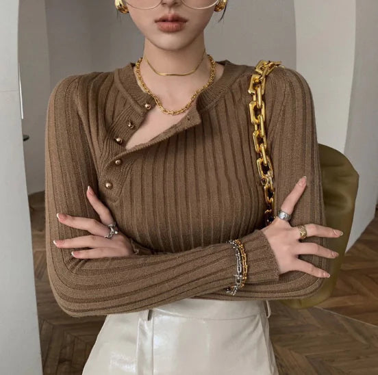 Knit Turtleneck Button-Up Top with Shoulder Cutouts