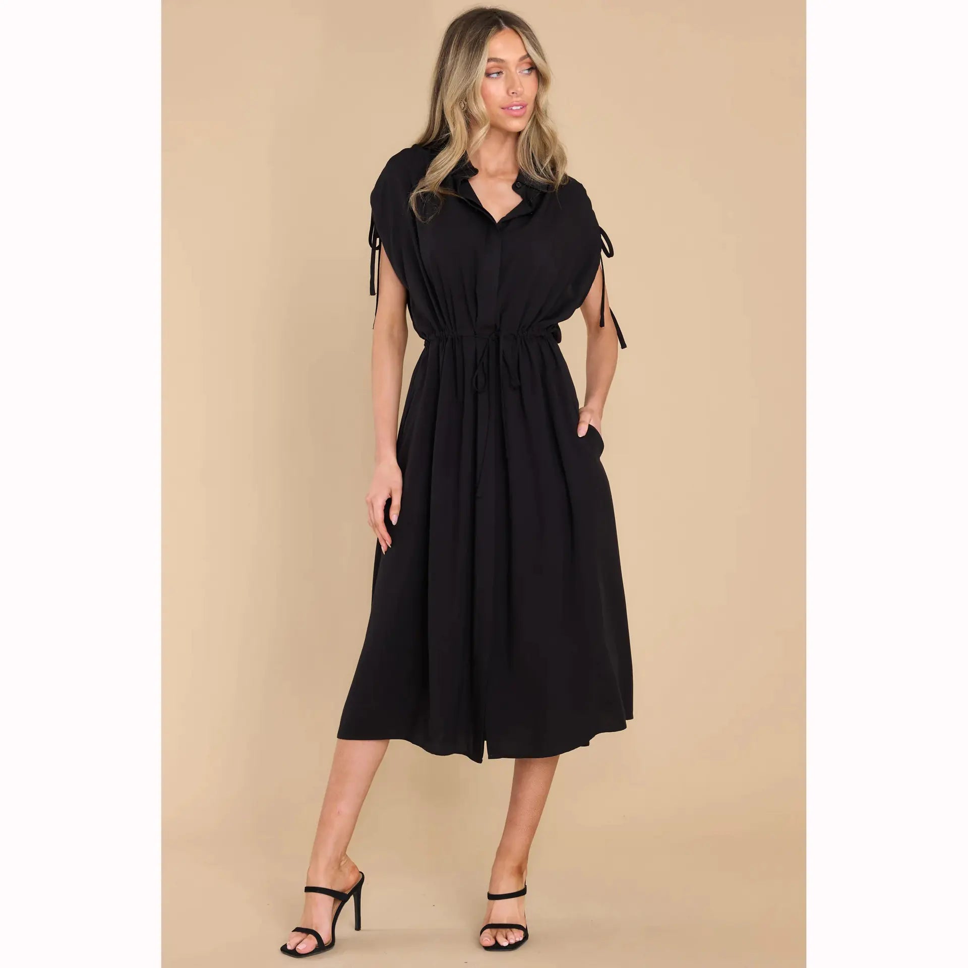 Summer Waist-Defined Button-Up Dress with Drawstring