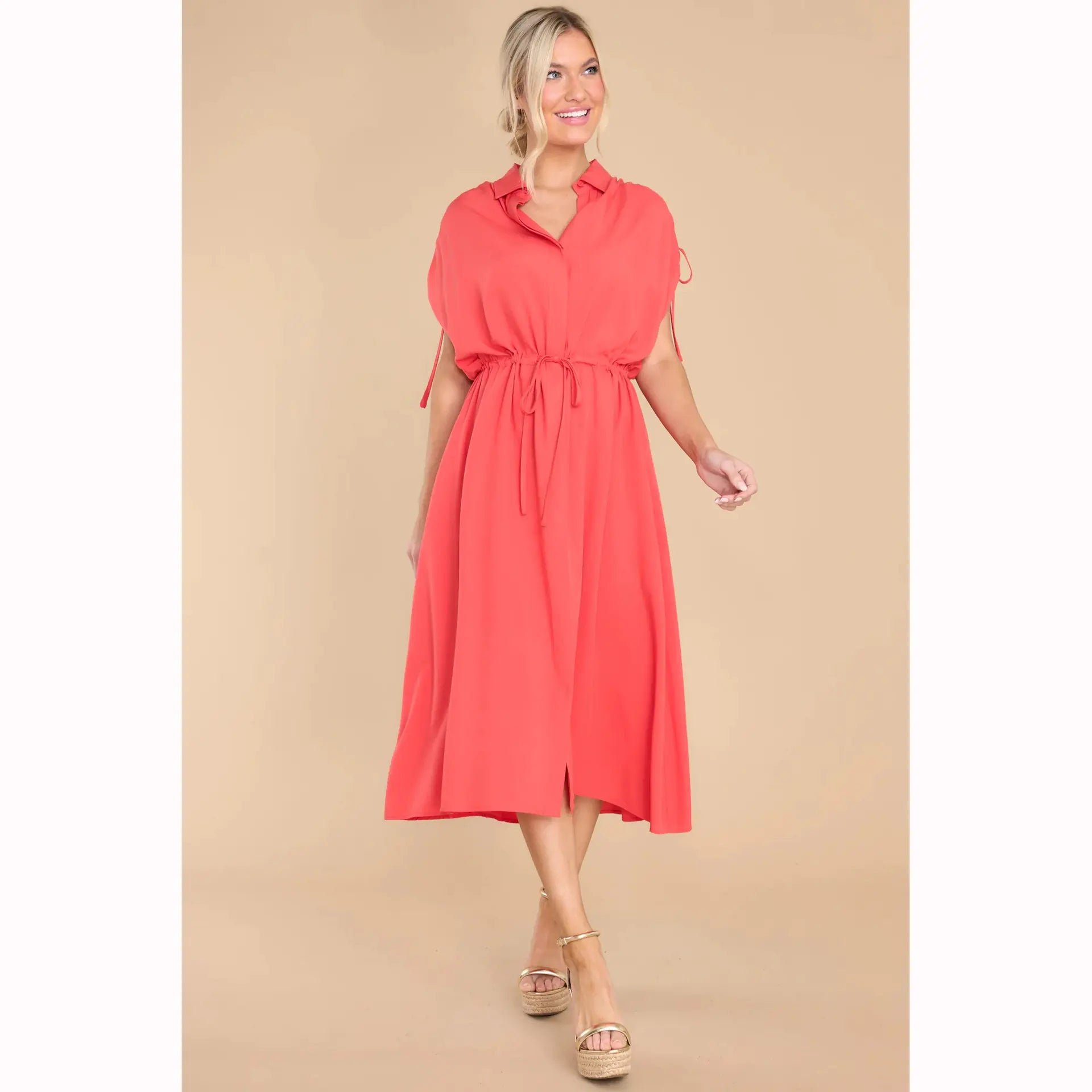 Summer Waist-Defined Button-Up Dress with Drawstring