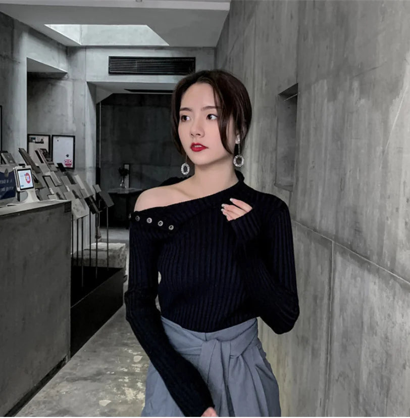 Knit Turtleneck Button-Up Top with Shoulder Cutouts