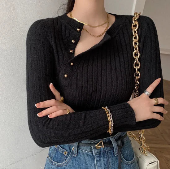 Knit Turtleneck Button-Up Top with Shoulder Cutouts