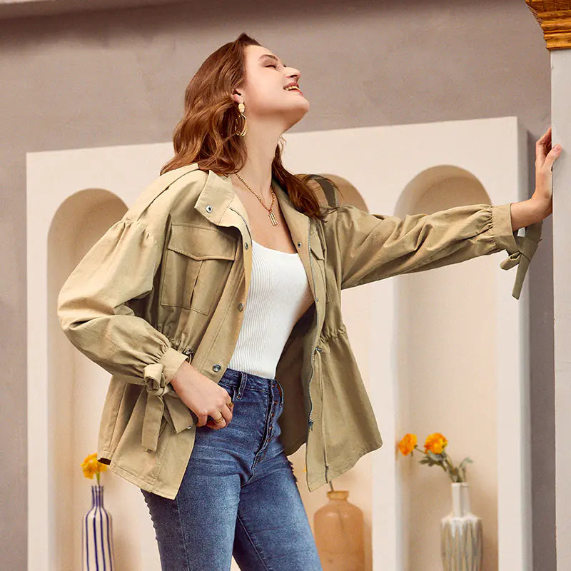 Trendy Women's Button-Up Casual Jacket in Camel Color